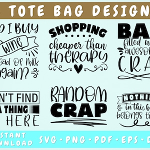 トートバッグの名言SVGバンドル、6つのデザイン、トートバッグの格言SVG、面白いトートバッグのSVGカットファイル、また牛乳の代わりにワインを買ったのかSVG、PNG