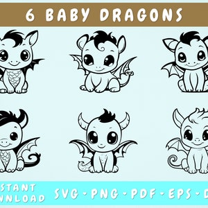 ベビードラゴン SVG バンドル、6 つのデザイン、小さなドラゴンのカット ファイル、ドラゴンのクリップアート、ドラゴン PNG、かわいいドラゴン SVG