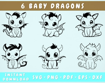 ベビードラゴンSVGバンドル、6つのデザイン、小さなドラゴンのカットファイル、ドラゴンのクリップアート、ドラゴンPNG、かわいいドラゴンSVG