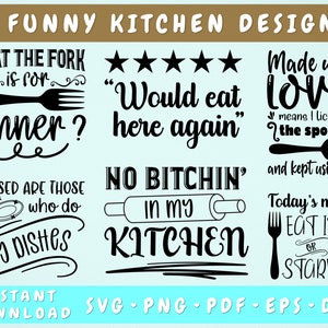 Paquete SVG de frases divertidas de cocina, 6 diseños, letrero de cocina SVG, ¿Qué es el tenedor para cenar? SVG, Bienaventurados los que lavan mis platos SVG, PNG
