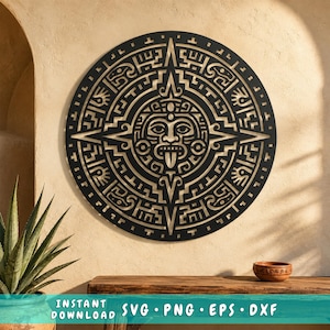Puede incluir: Una pieza de arte mural circular negra que presenta un diseño detallado de la piedra del sol azteca con un rostro central que muestra una lengua saliente, rodeado de intrincados patrones y símbolos geométricos, disponible para descarga.