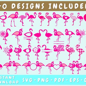 Lot de 40 flamants roses, PNG flamant rose, Silhouette flamant rose, paire de flamants roses SVG, fichiers coupés flamant rose pour Cricut, Clipart flamant rose