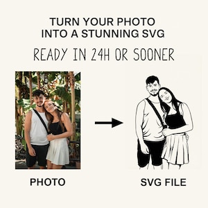 Puede incluir: Imagen que muestra la transformación de una foto de una pareja en un archivo SVG. El texto dice: "CONVIERTE TU FOTO EN UN SVG IMPRESIONANTE LISTO EN 24H O ANTES". La foto muestra una pareja, y el archivo SVG es un contorno en blanco y negro.