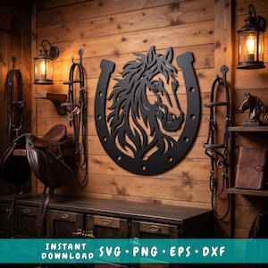 Pferdekopf-Hufeisen-Laser-SVG | Pferde-Metall-Wanddeko (DXF) | CNC-Plasma-Schnittdatei | Laserschnitt-SVG | Rustikale Western-Deko | Pferdeporträt-SVG