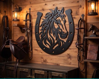 Paardenhoofd Hoefijzer Laser SVG | Paard Metalen Muurdecoratie DXF | CNC Plasma Snijbestand | Lasergesneden SVG | Rustieke Western Decoratie | Paardenportret SVG