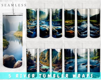 River Tumbler Wraps Bundle, 5 Designs, 20oz Skinny Tumbler PNG Files, Seamless River Tumbler Sublimation Designs, River Png