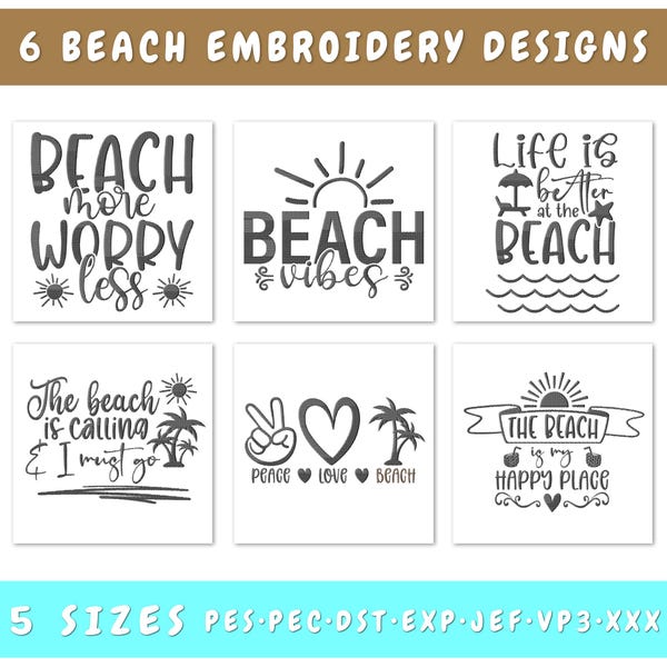 Beach Quotes Embroidery Designs Bundle - 6 Designs, Beach Embroidery Patterns, Beach Sayings Embroidery Files, Vacation Embroidery Files
