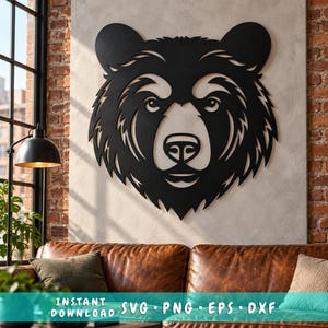 SVG láser de cabeza de oso / Archivo DXF de oso grizzly / Arte mural de metal con cara de oso / Diseño CNC de corte por plasma de vida silvestre / Silueta de oso