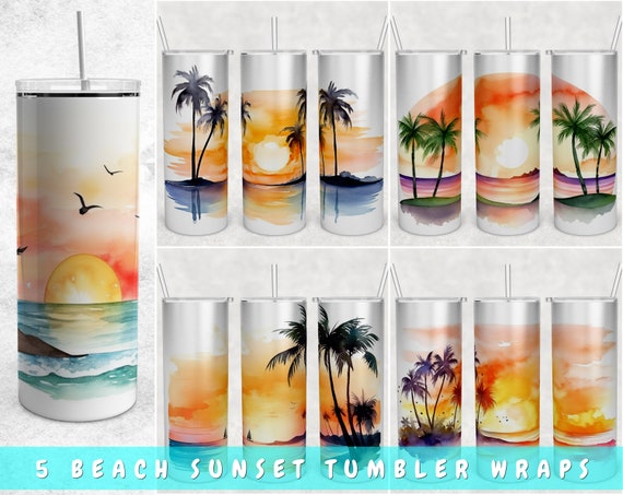 Beach Sunset Tumbler Wraps Bundle, 5 Designs, 20oz Skinny Tumbler PNG Files, Seamless Beach Sunset Tumbler Sublimation Designs