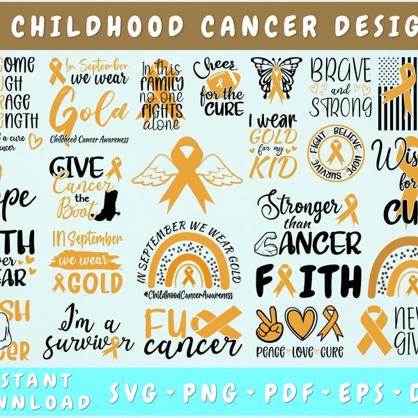 Kinderkrebs Bewusstsein SVG Bundle - 25 Designs, Kinderkrebs Schnittdateien, Goldband SVG, Krebs Schmetterling SVG, Peace Love Cure SVG