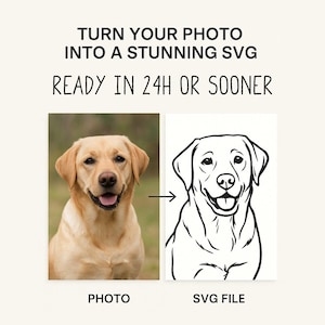 Pode incluir: Imagem mostrando uma foto de um Labrador Retriever amarelo ao lado de seu contorno de arquivo SVG. O texto diz: "TRANSFORME SUA FOTO EM UM SVG IMPRESSIONANTE PRONTO EM 24H OU ANTES". A foto está à esquerda e o arquivo SVG à direita.