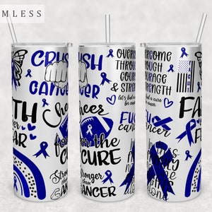 Colon Cancer Awareness Tumbler Wrap, 20oz Skinny Tumbler PNG File, Seamless Tumbler Sublimation Design, Colon Cancer PNG, Dark Blue Ribbon