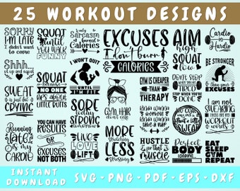 Workout SVG Bundle, 25 Designs, Workout Quotes SVG, Gym Shirt SVG Cut Files, Fitness Svg, Gym Quotes Svg, Workout Sayings Svg, Png