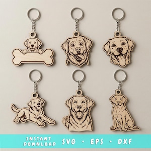 Op de afbeelding: Een verzameling van zes houten sleutelhangers met Labrador Retriever-ontwerpen. Elke sleutelhanger heeft een zilverkleurige ring en ketting. De hondenontwerpen omvatten een hond die een bot vasthoudt, een hond met zijn tong uit en een zittende hond. De tekst "INSTANT DOWNLOAD SVG • EPS • DXF" staat onderaan.