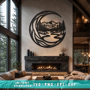 Puede incluir: Una pieza de arte mural circular de metal negro con un diseño recortado en forma de media luna que contiene un paisaje de pinos, un río sinuoso y picos de montañas. El texto dice INSTANT DOWNLOAD SVG PNG DXF.