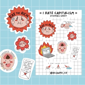 Feuille de Stickers Anti-Capitalisme | illustrations originale cute kawaii, anti corporate/culture du travail, eat the rich