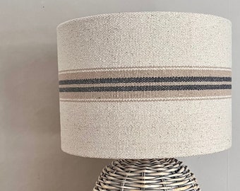 Grain sack linen lampshade or ceiling  blue grey tan stripes natural oatmeal cream