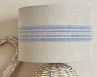 Linen lampshade or ceiling blue stripes natural grain sack style