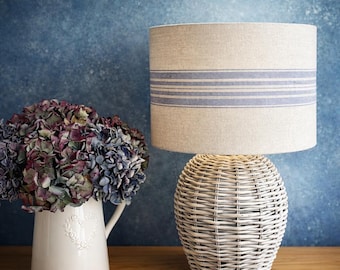 Linen lampshade or ceiling blue stripes natural grain sack style