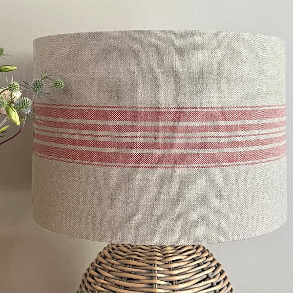 Linen lampshade or ceiling woven red stripes on natural French linen