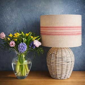 Linen lampshade or ceiling woven red stripes on natural French linen