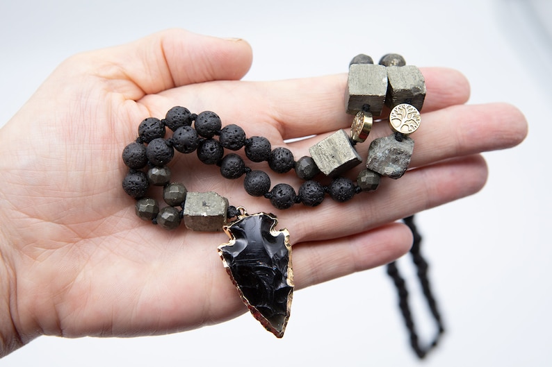 Agate Arrowhead & Lava Rock Beads Necklace Unisex image 1