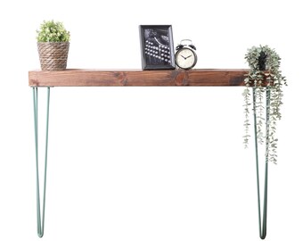 Chunky Reclaimed Timber Console Table: Pastel Green Hairpin Legs