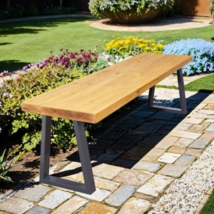 Rustic Garden Bench with Trapezium Legs | Industrial Reclaimed Timber Style