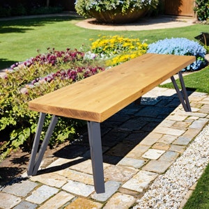 Rustic Garden Bench with Angled Box Hairpin Legs | Industrial Reclaimed Timber Style