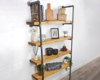 Industrial Tiered Floating Floor Mounted Shelving Unit With Reclaimed Wooden Shelves | Industrial Raw Steel Pipe