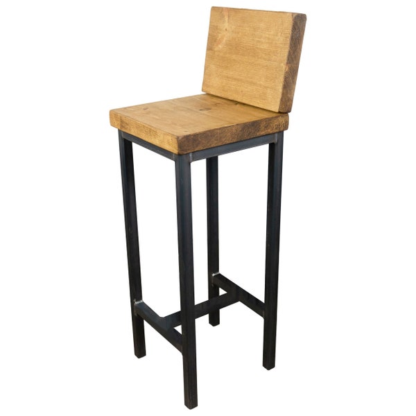 Industrial Steel Square Bar Stool With Back | Reclaimed Timber & Rustic Industrial Style!