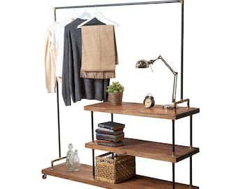 Raw Steel And Brass Clothes Rail with Long Reclaimed Timber Shelving