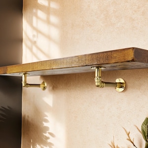 Solid Wood Shelf with Brackets | Handmade Timber Reclaimed Scaffold Board | Solid Brass Elbow Pipe Brackets | Bookshelf, Kitchen Shelf