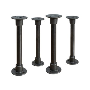 May include: Four black metal pipe legs with adjustable height. The legs have a round base and a round top. The legs are made of black metal and have a matte finish.