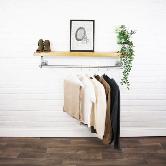 Industrial Steampunk Clothes Rail With Shelf - Wall Mounted Pipe & Wood Hanging Rack 5 thumbnail image