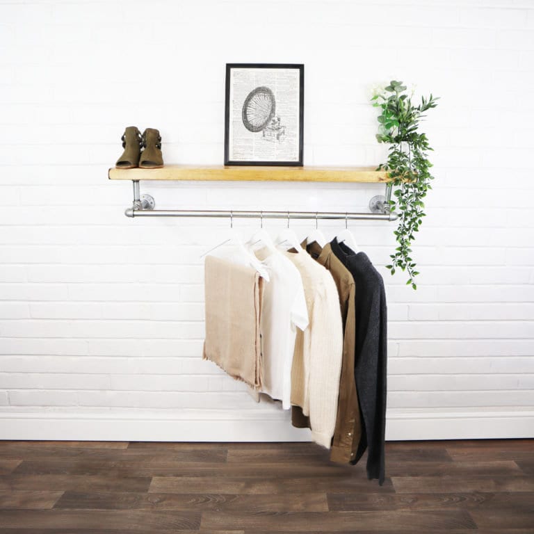 Industrial Elbow Clothes Rail With Solid Wooden Shelf Industrial Silver Steel Pipe Style Rustic Vintage Modern Etsy UK