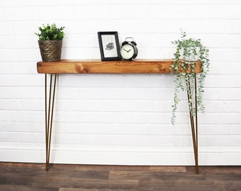 RUSTIC Console Table SLIMLINE CHUNKY With Brass Hair Pin Legs | Reclaimed Timber Style | Solid Wood Furniture