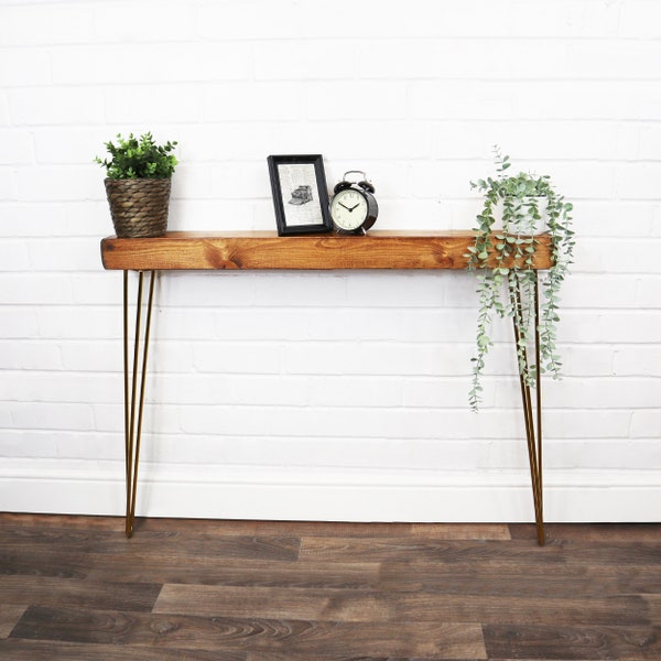 RUSTIC Console Table SLIMLINE CHUNKY With Brass Hair Pin Legs | Reclaimed Timber Style | Solid Wood Furniture