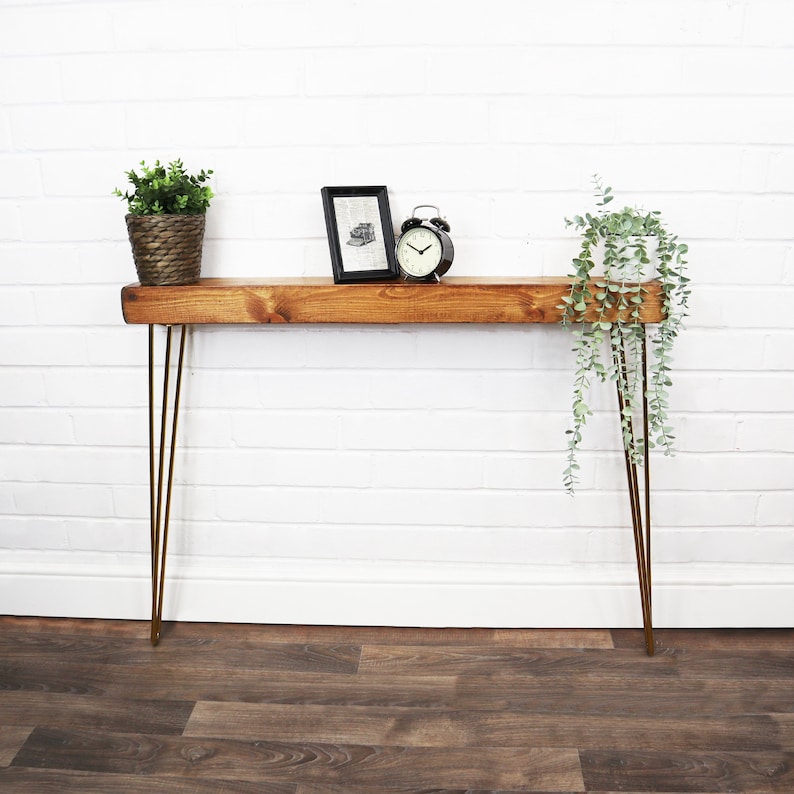 RUSTIC Console Table SLIMLINE CHUNKY With Brass Hair Pin Legs