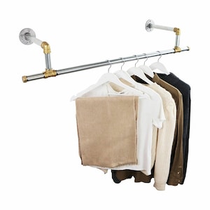 T-Shirt Style zweistöckige Kleiderstange | Industrielle Silber und Messing Rohr Stil
