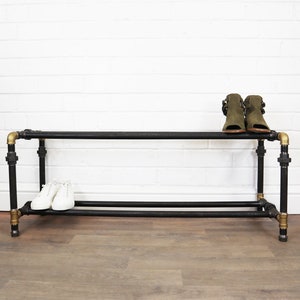 Industrial Two Tiered Shoe Rack Storage Made With Raw Steel & Brass Pipe Fittings - Rustic Vintage Style Furniture