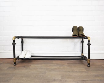 Industrial Two Tiered Shoe Rack Storage Made With Raw Steel & Brass Pipe Fittings - Rustic Vintage Style Furniture