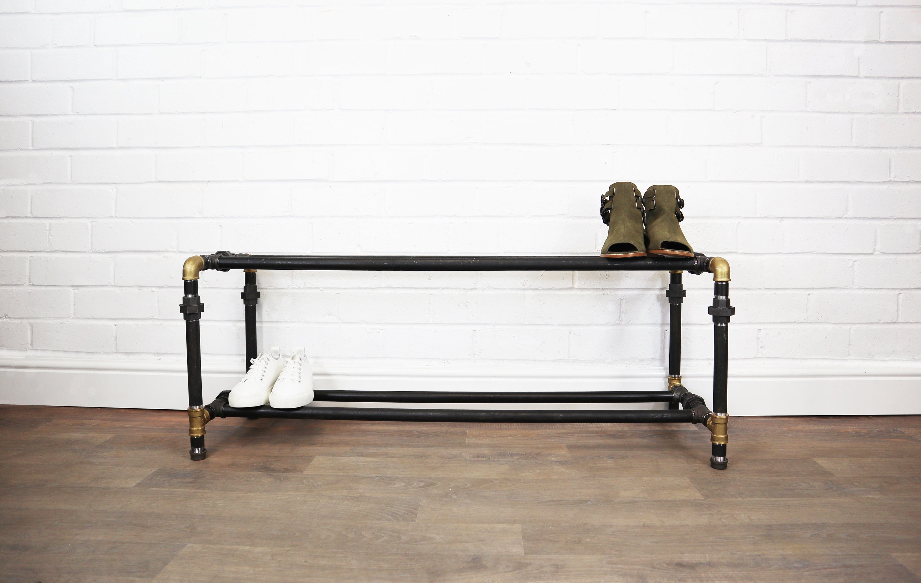 Industrial Two Tiered Shoe Rack Storage Made With Raw Steel & Brass Pipe Fittings - Rustic Vintage Style Furniture