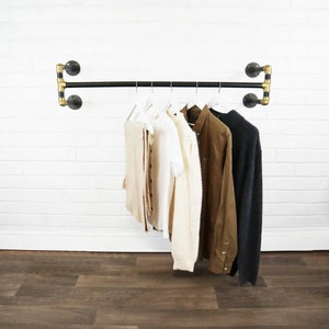 Industrial Wall Mounted Single Clothing Rail Made With Raw Steel Pipe And Solid Brass Fittings - Rustic Modern Vintage Style!