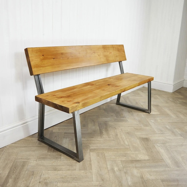 Classic Box Steel Bench With Reclaimed Wooden Seat and Back
