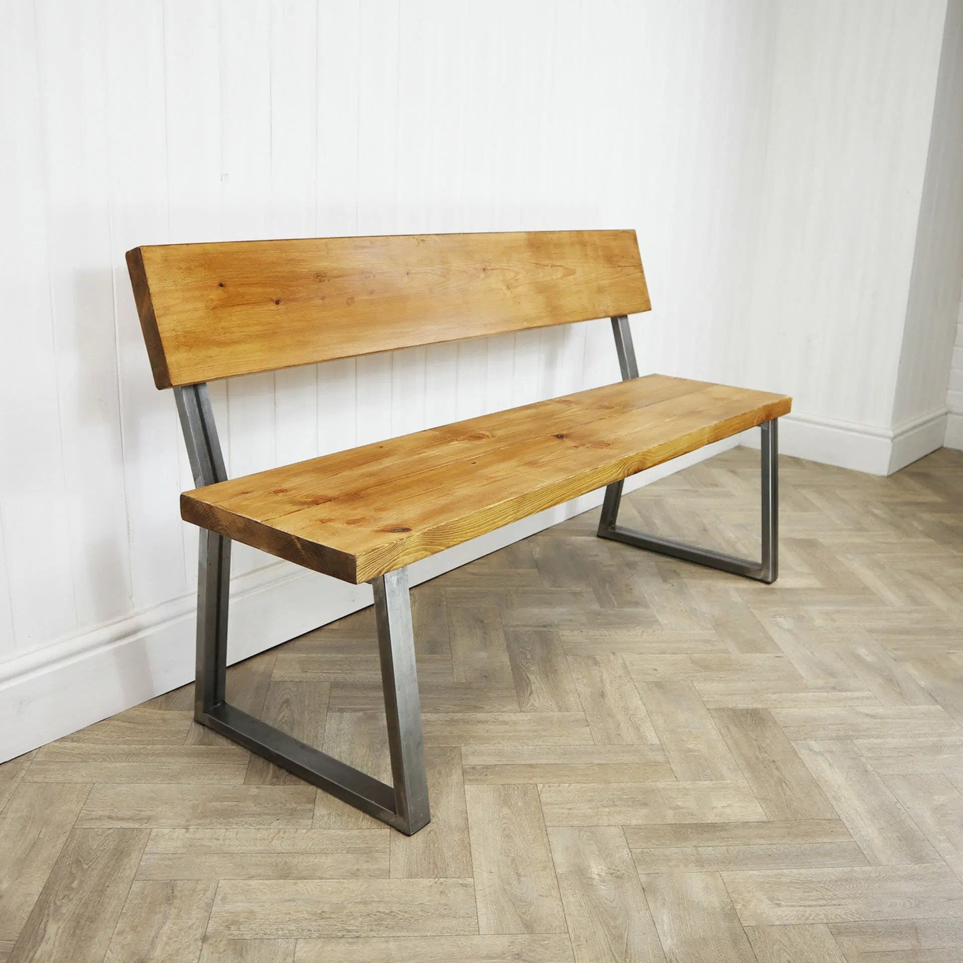 Classic Box Steel Bench With Reclaimed Wooden Seat and Back Etsy