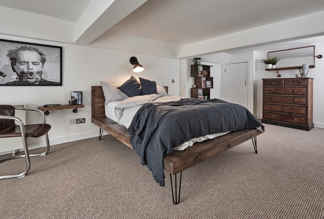 Solid Wood Bed With Hairpin Legs Any Size Reclaimed Timber Style Solid