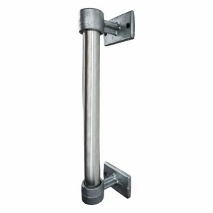 May include: A silver metal door handle with a cylindrical design and two square mounting plates.