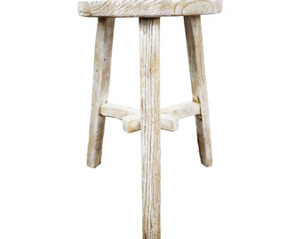 Sgabello versatile rustico in legno massello con finitura sbiancata - Sgabello per bambini, sgabello da bagno, sgabello multiuso, portavasi