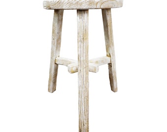 Rustic Solid Wood Milking Versatile Stool Whitewash Finish - Child Stool, Bathroom Stool, Utility Stool, Plant Stand